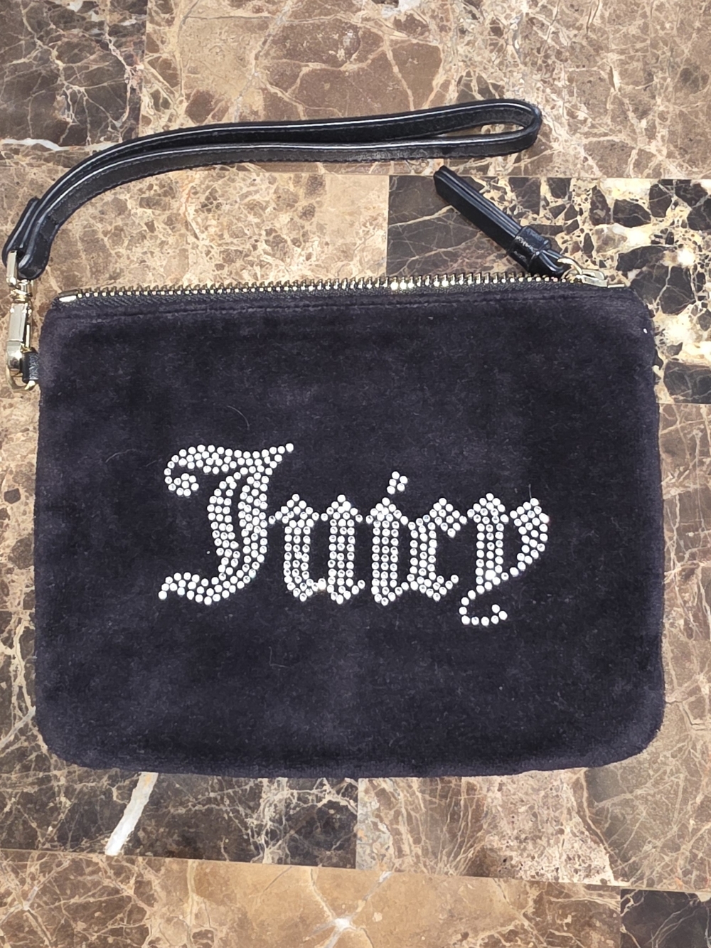 Juicy Couture Black Velvet Rhinestone Logo Wristlet